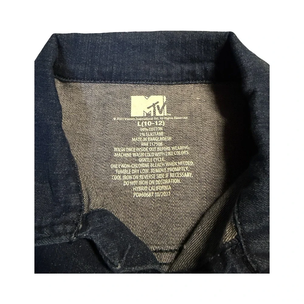 MTV Kids Dark Wash Denim Jacket Blue Checkerboard Logo Graphic Size L 10-12
